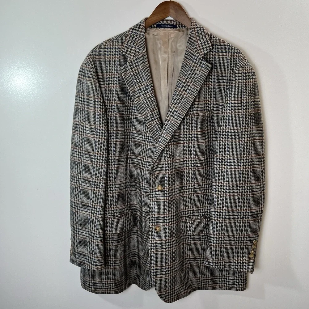 Lands End Mens Lambswool Plaid Blazer Jacket XL 46R Dark Academia Heritage